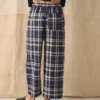 Barrel Leg Check Linen Cotton Pants| Blue/Soya