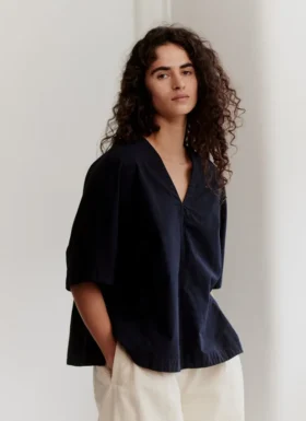 Textured Cotton Poplin V-Neck Top
