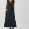 V Neck Cotton Linen Poplin Dress