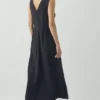V Neck Cotton Linen Poplin Dress