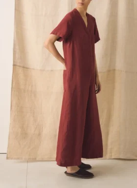 V Neck Garment Dyed Linen Jumpsuit